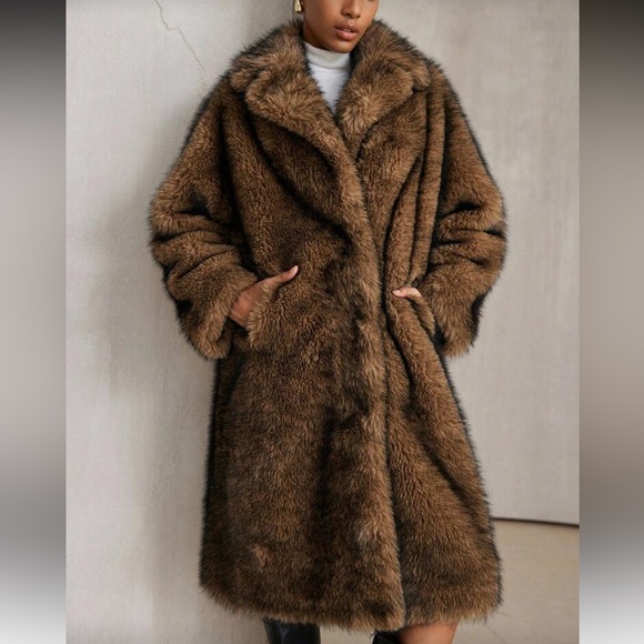 3 LEFT ❤️ Vintage Style Faux Fur Jacket Chocolate Brown Mid Length Winter Jacket - Picture 4 of 8